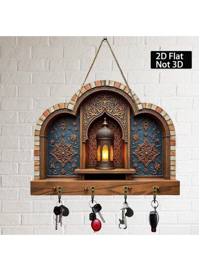 Decorative Wall Key Holder with Hooks – Islamic Arch Design Wall Decor – Vintage Wooden Key Rack with 4 Antique Copper Hooks – Entryway Organizer (2D Flat) - Image 1